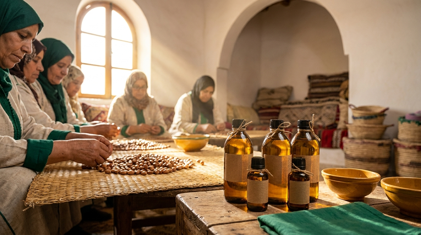 Membres d'une coopérative d'argan triant les amandons
